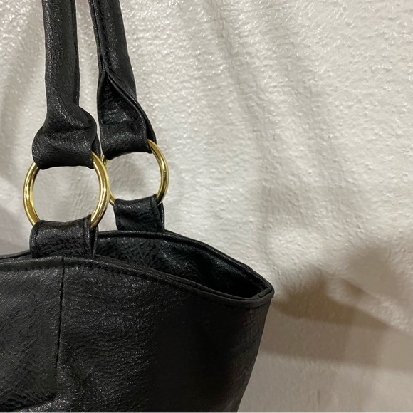 Black Vinyl Handbag Purse Bejeweled Zipper Gold Hardware Bag Double Handles - Picture 8 of 16